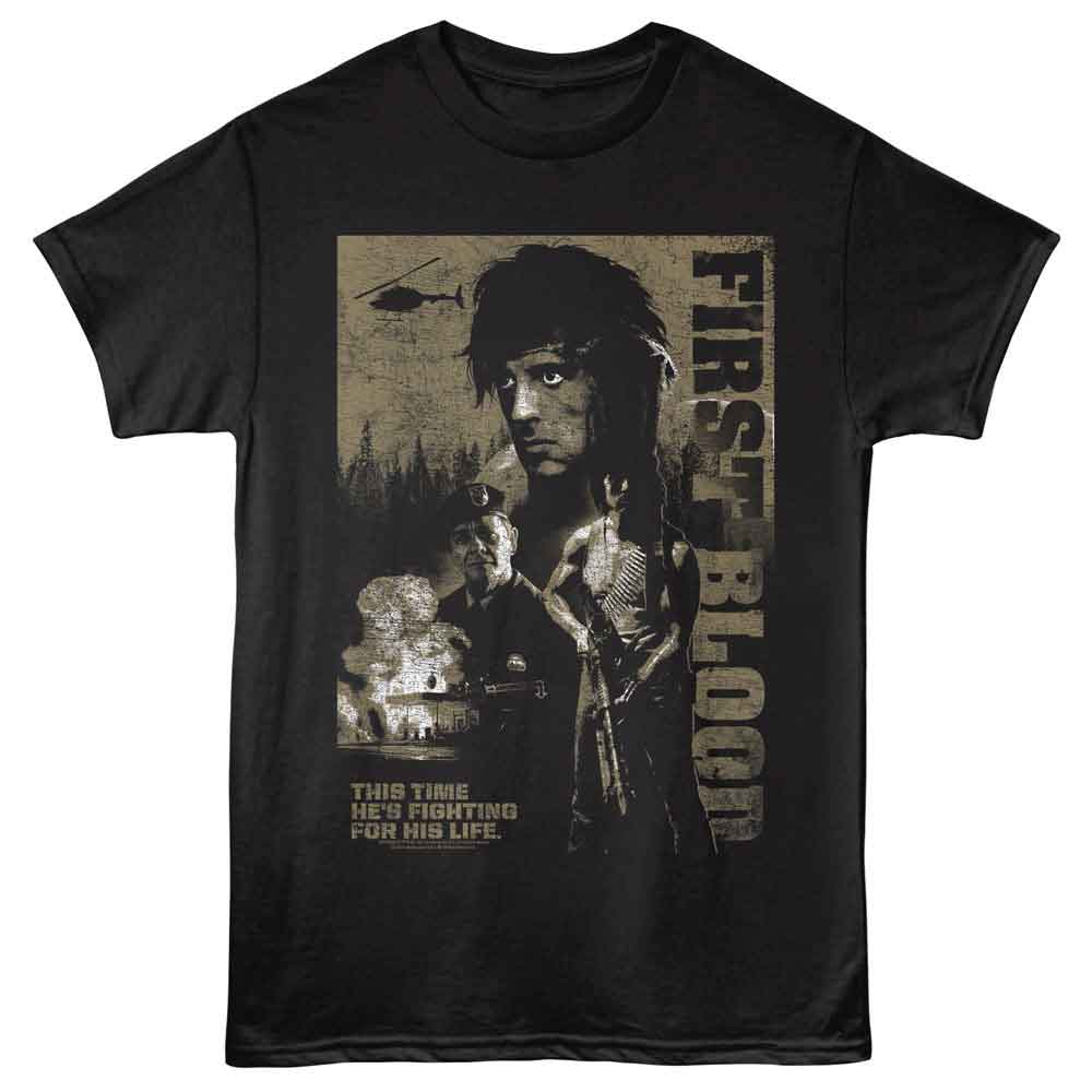 Rambo - Fighting For His Life - Black - Front Print Solid Adult Unisex Short Sleeve T-Shirt