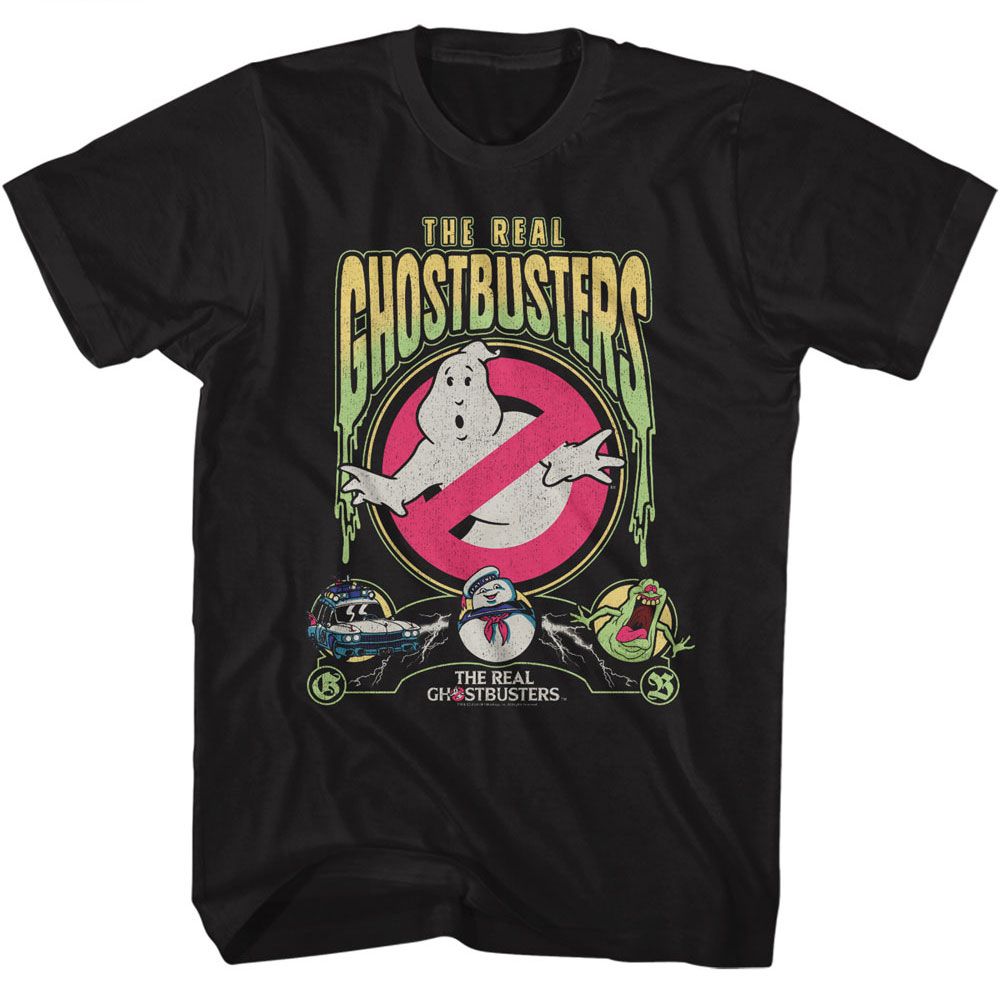 The Real Ghostbusters - Slime Text - American Classics - Solid Black Adult Short Sleeve T-Shirt