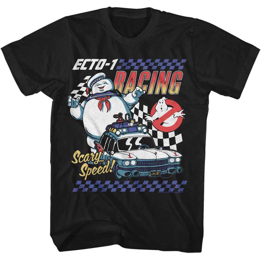 The Real Ghostbusters - Ecto 1 Racing - American Classics - Solid Black Adult Short Sleeve T-Shirt