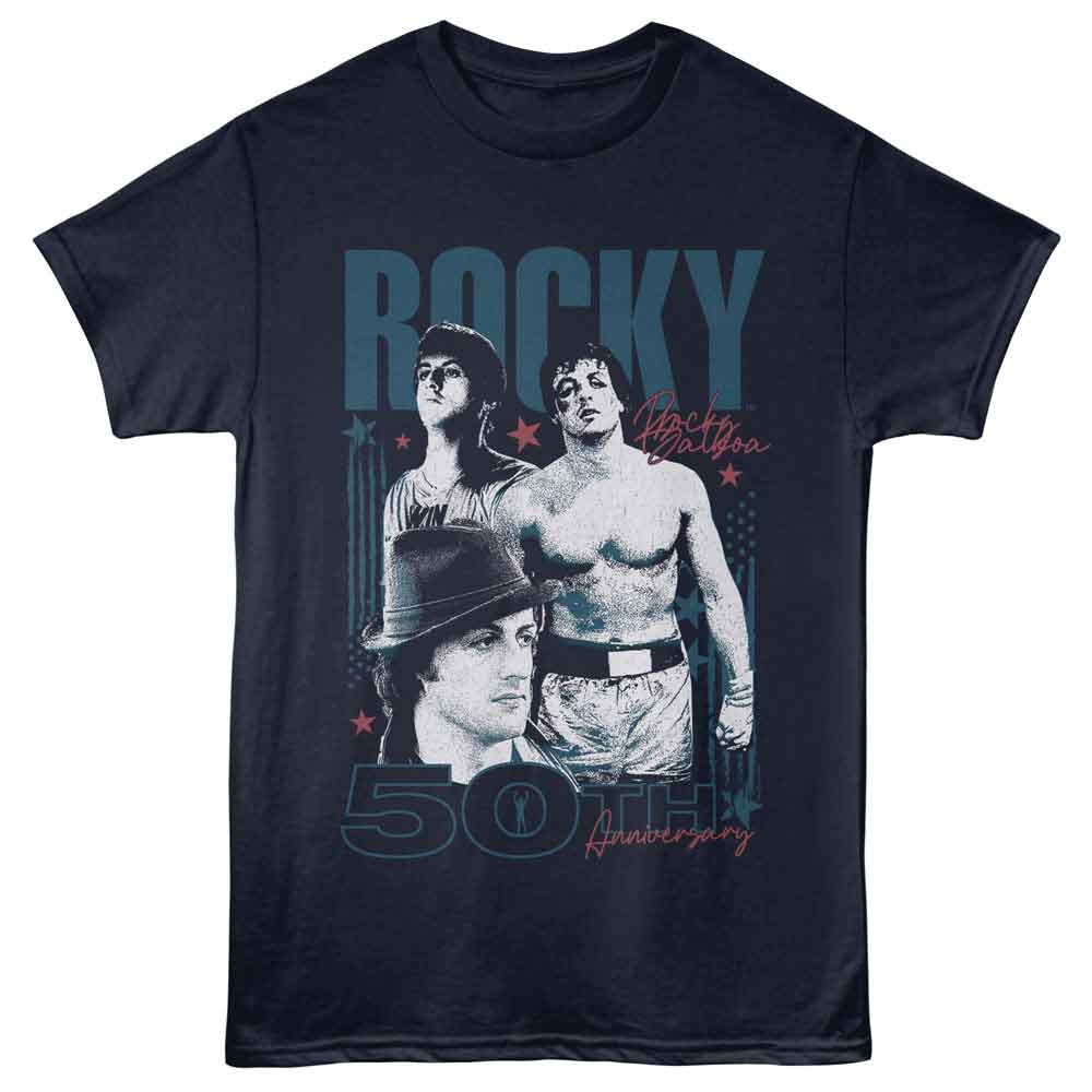 Rocky - Stars And Stripes 50th Anniversary - Front Print Solid Adult Short Sleeve T-Shirt - Navy