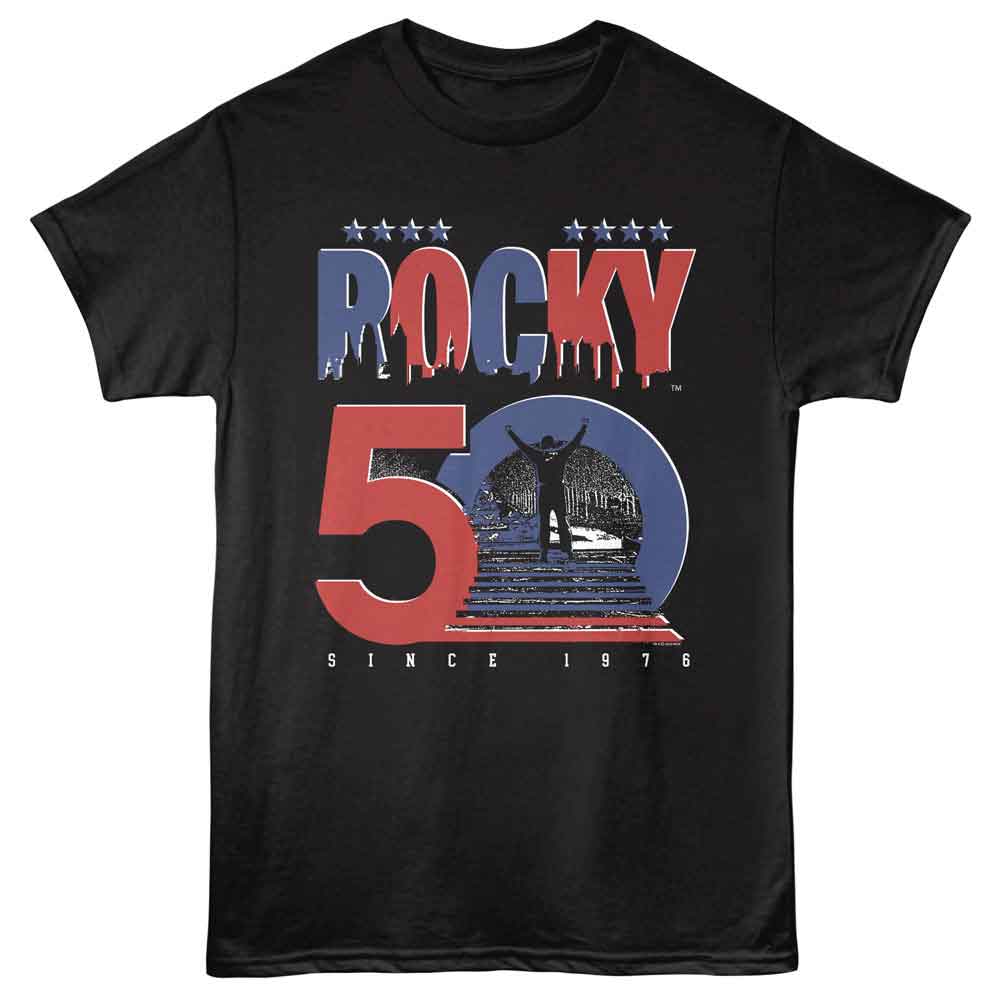 Rocky - 50th Anniversary Staircase - Front Print Solid Adult Short Sleeve T-Shirt - Black