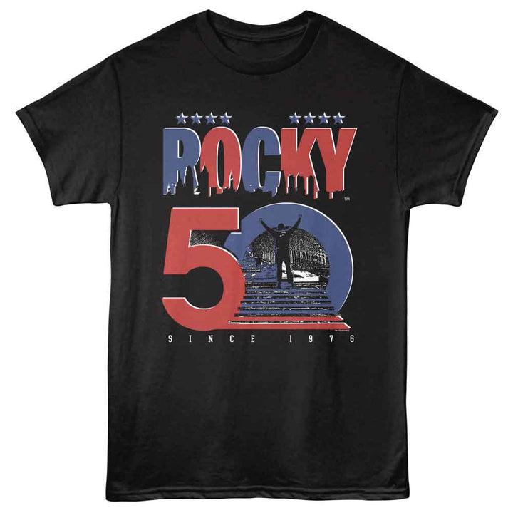 Rocky - 50th Anniversary Staircase - Front Print Solid Adult Short Sleeve T-Shirt - Black
