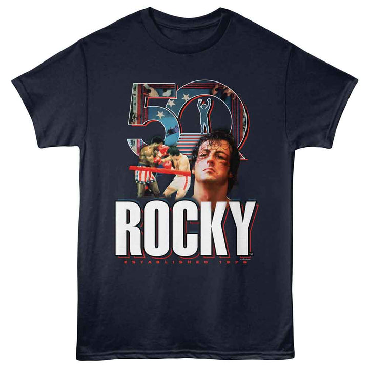Rocky - 50th Anniversary Image Inlay - Front Print Solid Adult Short Sleeve T-Shirt - Navy