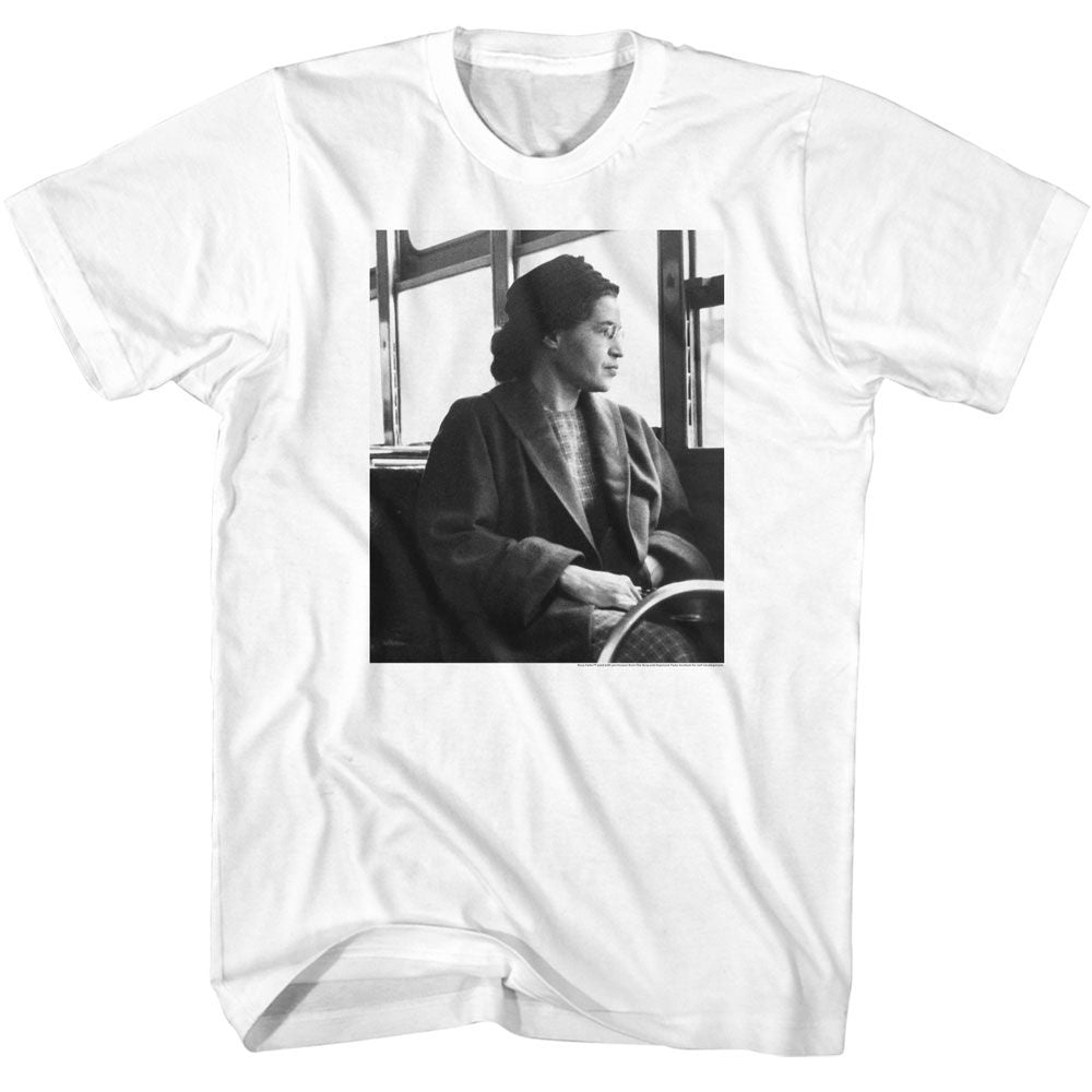 Rosa Parks - Black & White Bus Sit - American Classics - Solid White Adult Short Sleeve T-Shirt