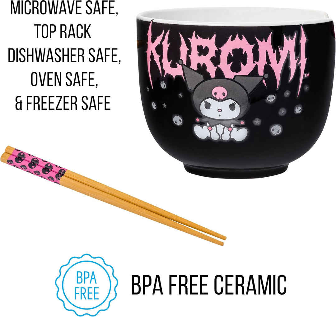 Sanrio Hello Kitty and Friends Kuromi Ceramic Ramen Noodle Rice Bowl with Chopsticks Microwave Safe 20 Ounces