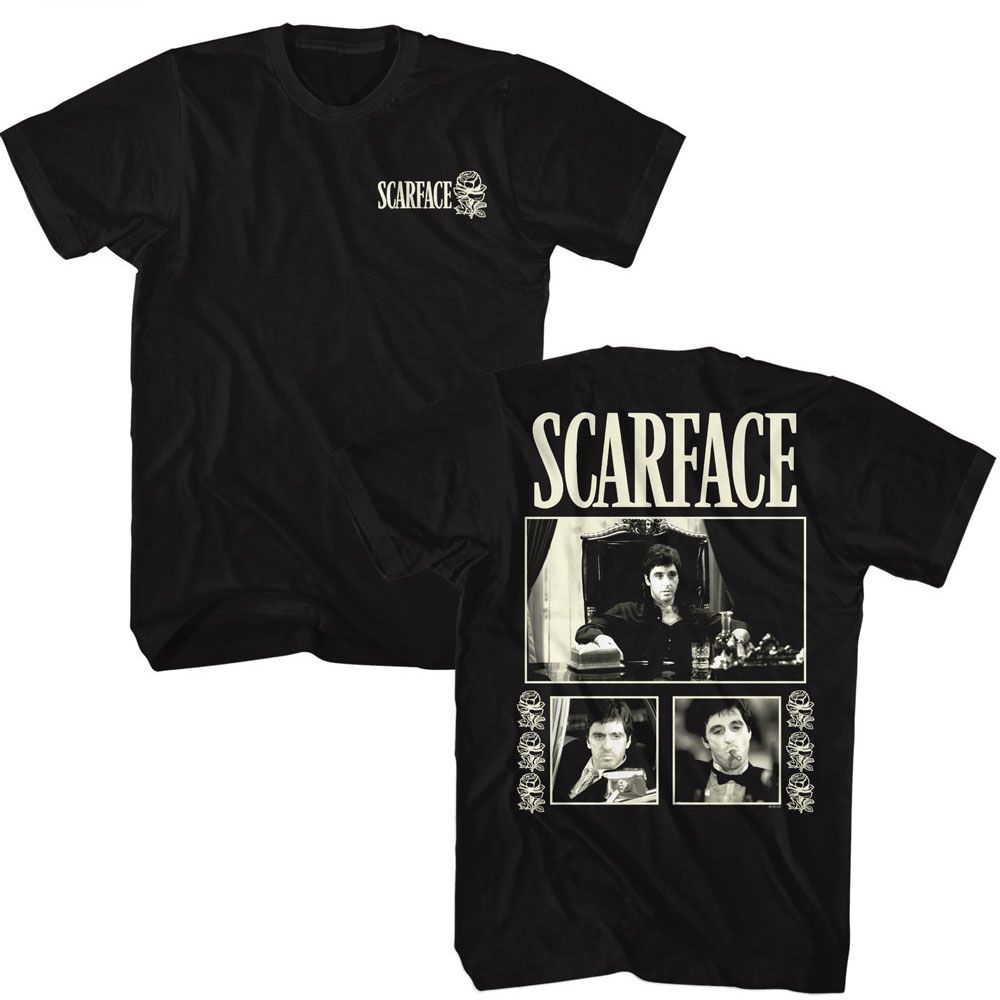 Scarface - Three Photos W Roses - Officially Licensed 2-Sided Print Adult Short Sleeve T-Shirt