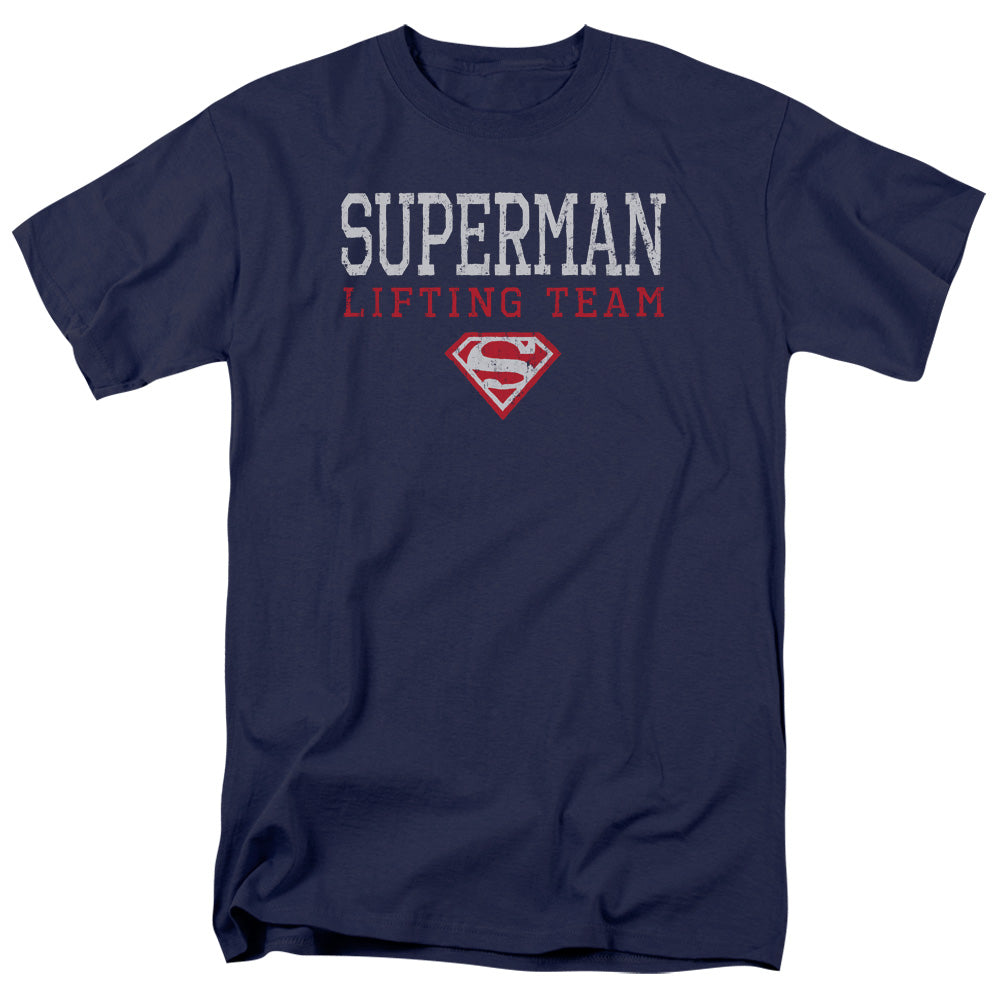 DC Comics - Superman - Lifting Team - Adult Unisex Short Sleeve T-Shirt - Blue