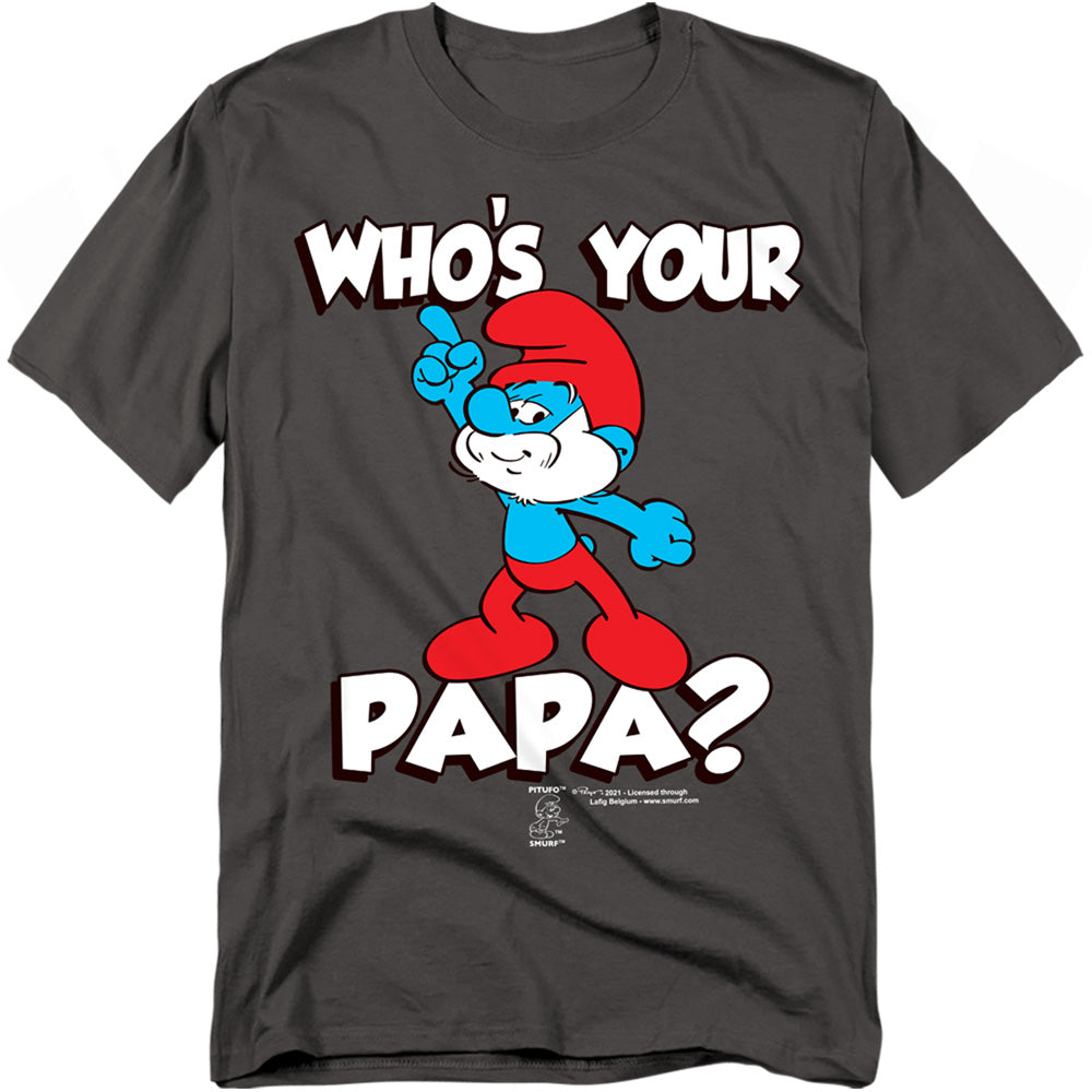 The Smurfs - Who's Your Papa? - Adult Unisex Short Sleeve T-Shirt - Gray