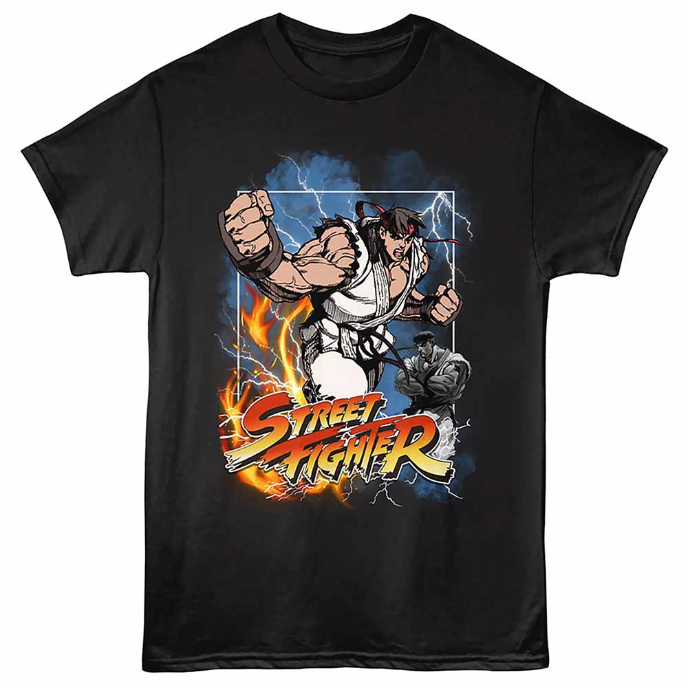Street Fighter - Elemental Ryu - Front Print Adult Short Sleeve Solid T-Shirt - Black