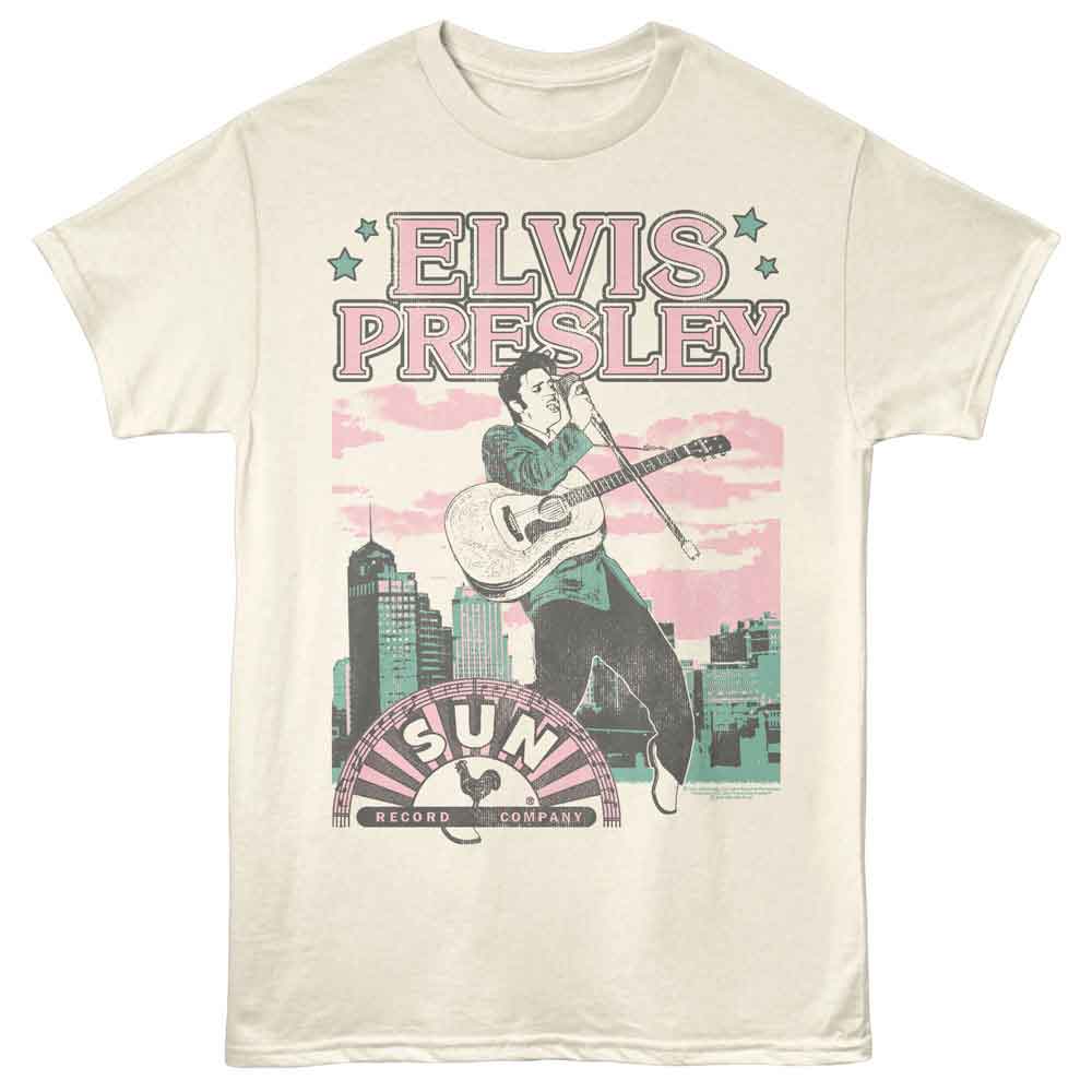 Elvis Presley - Sun Records Pastel City - Front Print Adult Short Sleeve Solid T-Shirt - Natural
