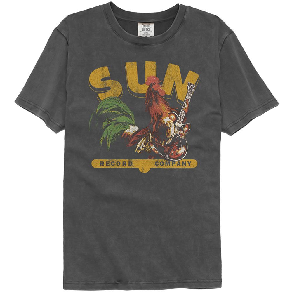 Sun Records Rooster With Guitar Officially Licensed Adult Short Sleeve Washed Black T-Shirt
