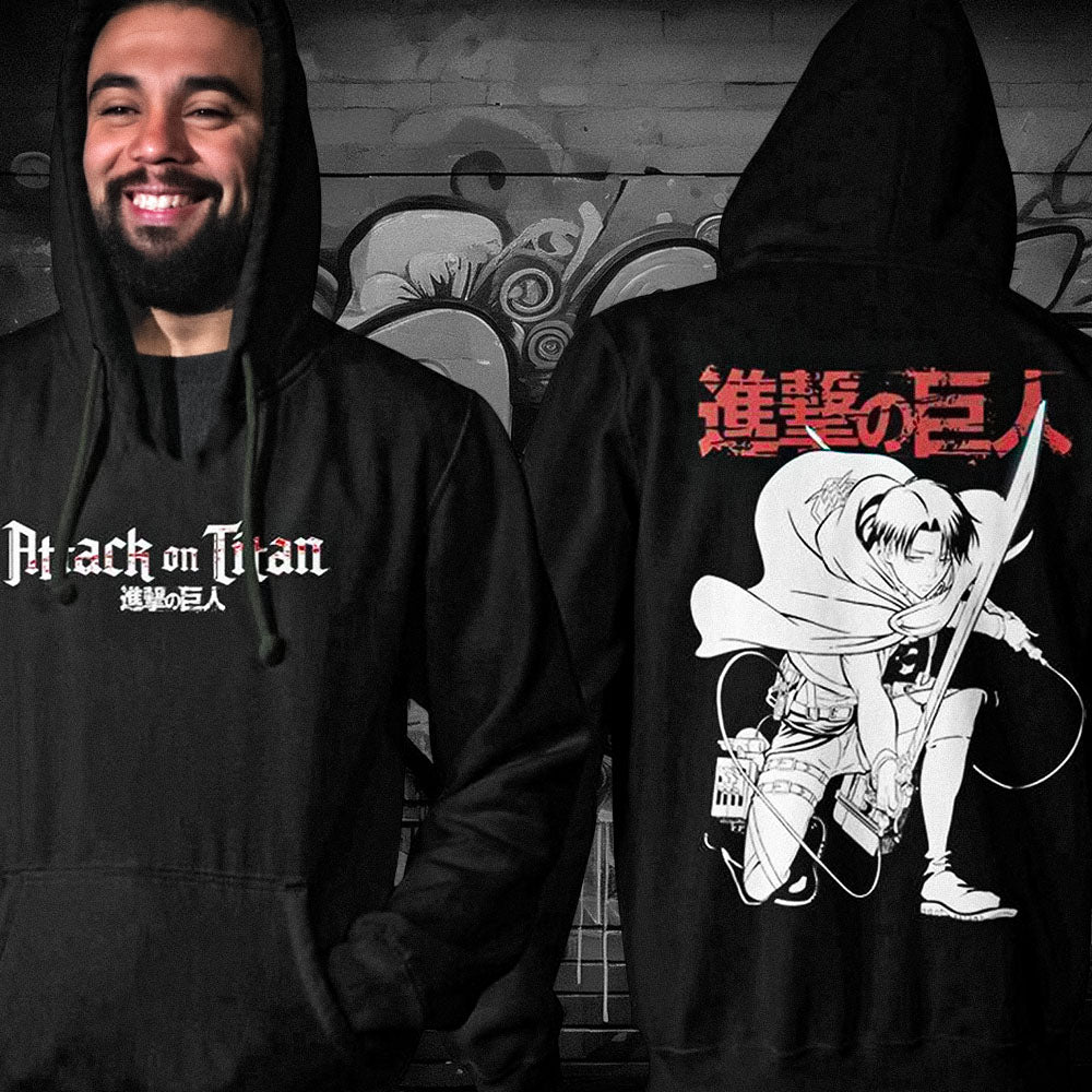 Attack on Titan - Levi Ackerman Crouching Adult Pullover Hoodie - Black - Officially Licensed