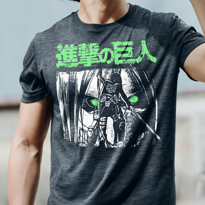 Attack on Titan - Levi Ackerman Green Eyes Adult T-Shirt - Heather Navy - Officially Licensed