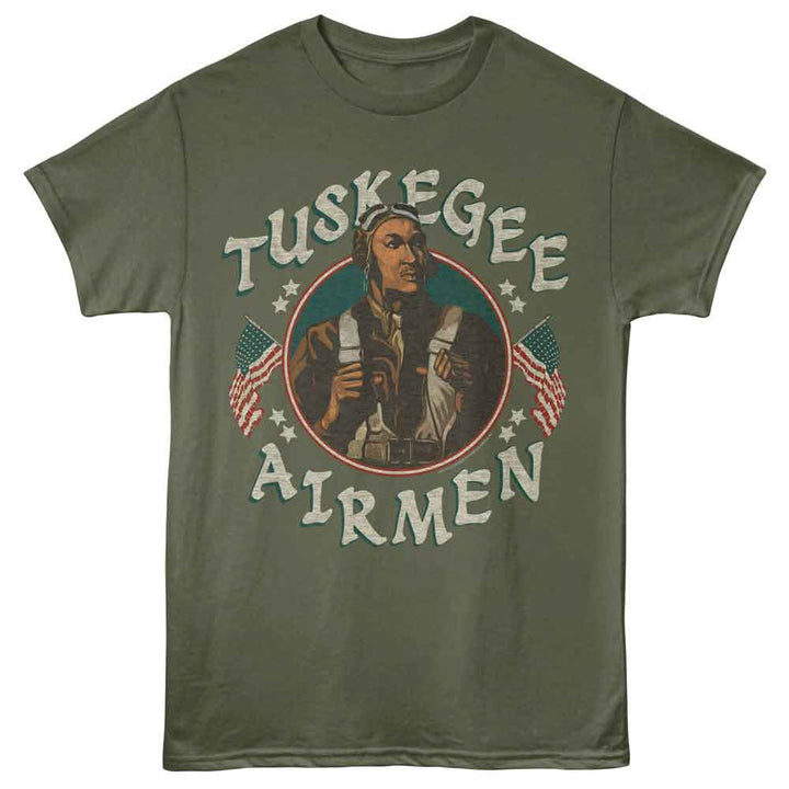 Tuskegee Airmen - Diez Portrait - Front Print Adult Short Sleeve Solid T-Shirt - Military Green
