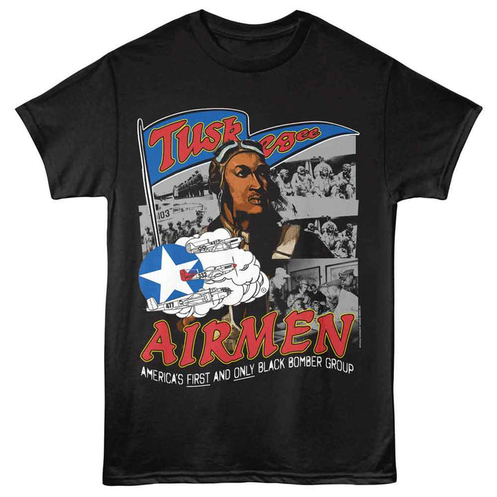 Tuskegee Airmen - Banner Collage - Black - Front Print Solid Adult Unisex Short Sleeve T-Shirt
