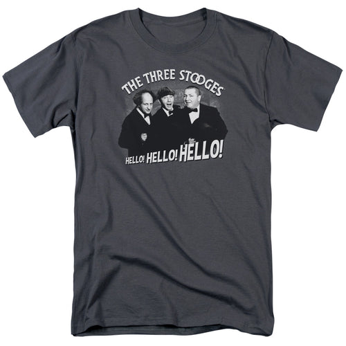 Three Stooges - Hello Again - Adult Unisex Short Sleeve T-Shirt - Gray