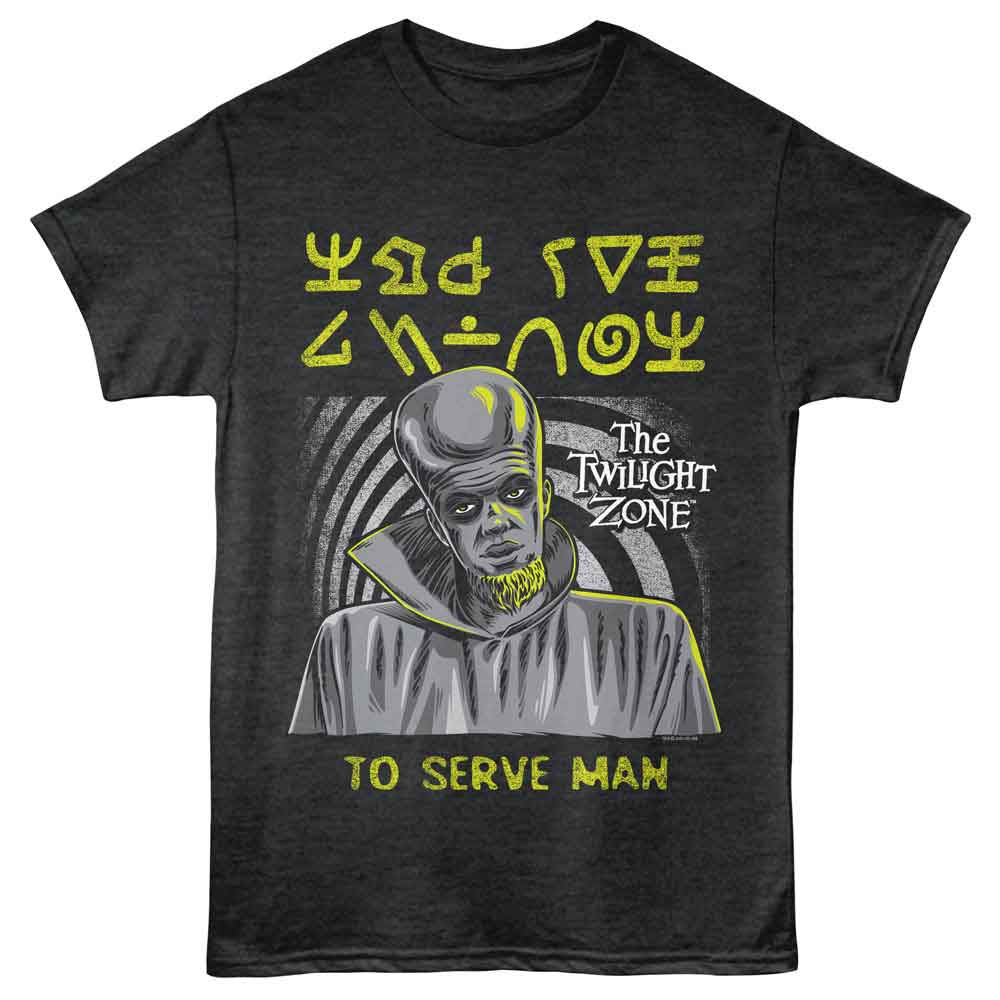 Twilight Zone - To Serve Man - Front Print Adult Short Sleeve Heather T-Shirt - Black Heather