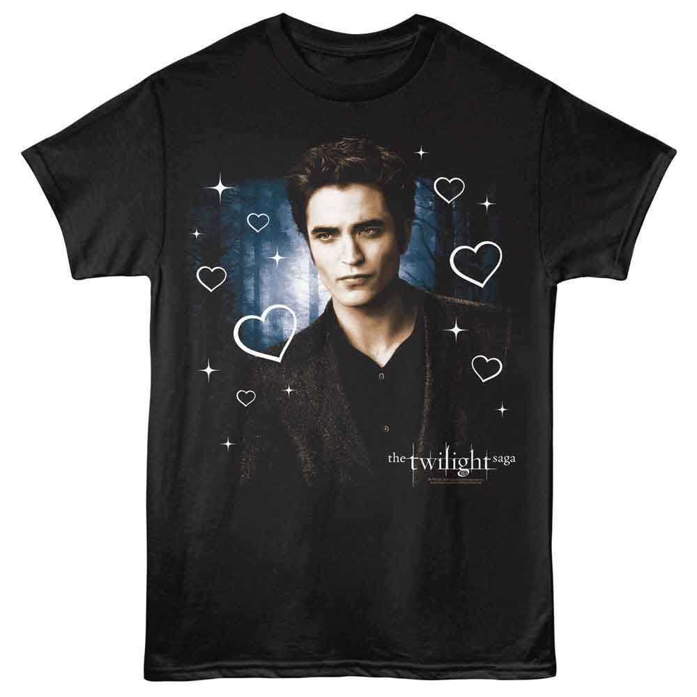 Twilight - Edward Forest Hearts - Front Print Adult Short Sleeve Solid T-Shirt - Black