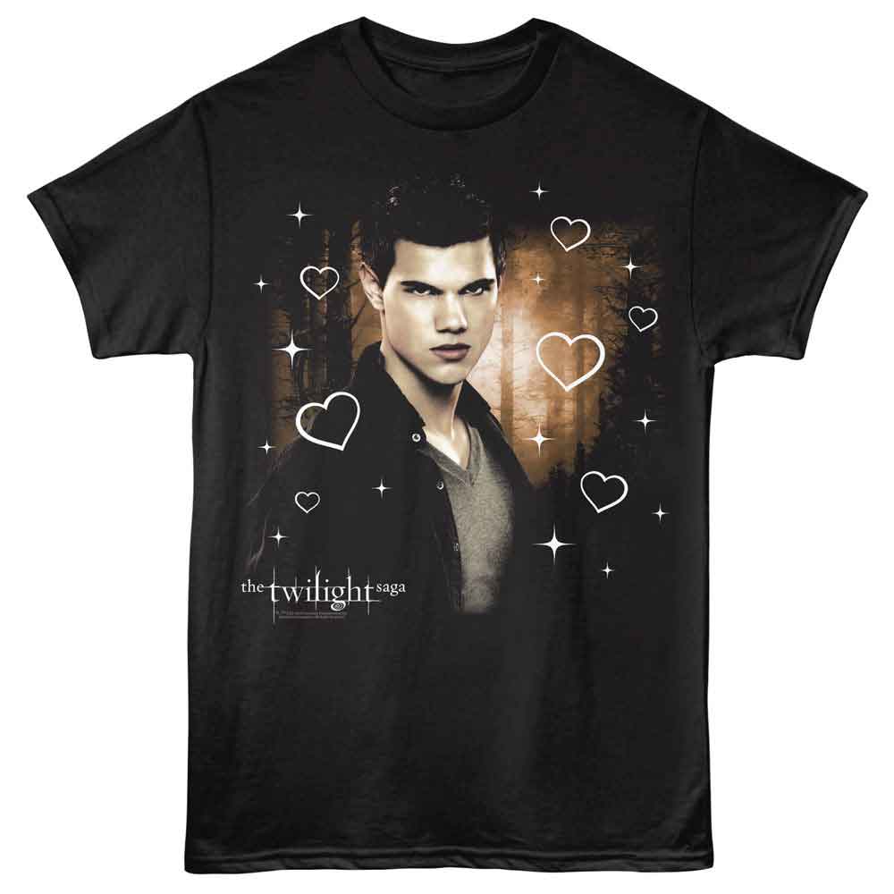 Twilight - Jacob Forest Hearts - Front Print Adult Short Sleeve Solid T-Shirt - Black
