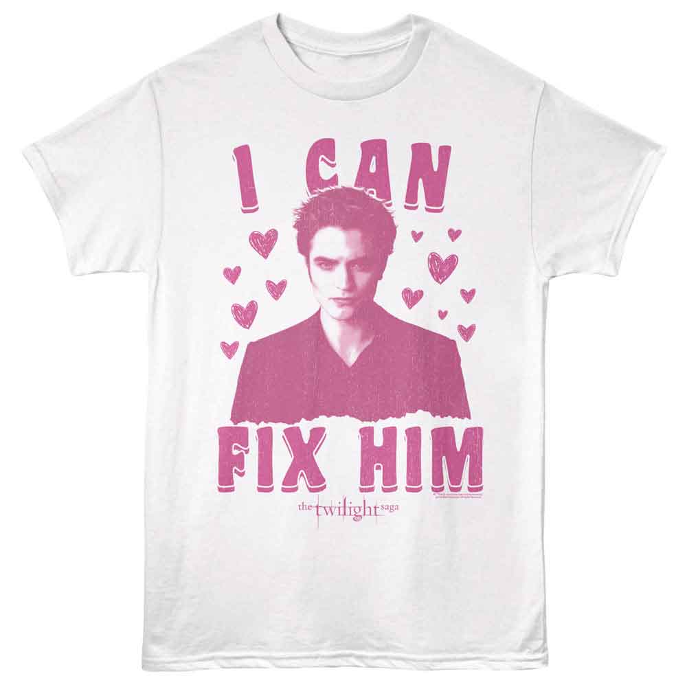 Twilight - Fix Him Sketchy Hearts - Front Print Adult Short Sleeve Solid T-Shirt - White