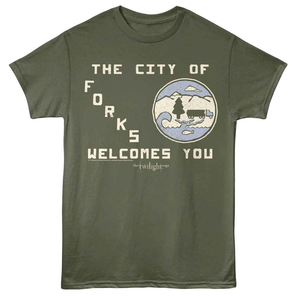 Twilight - Forks Welcome - Adult Short Sleeve T-Shirt - Military Green