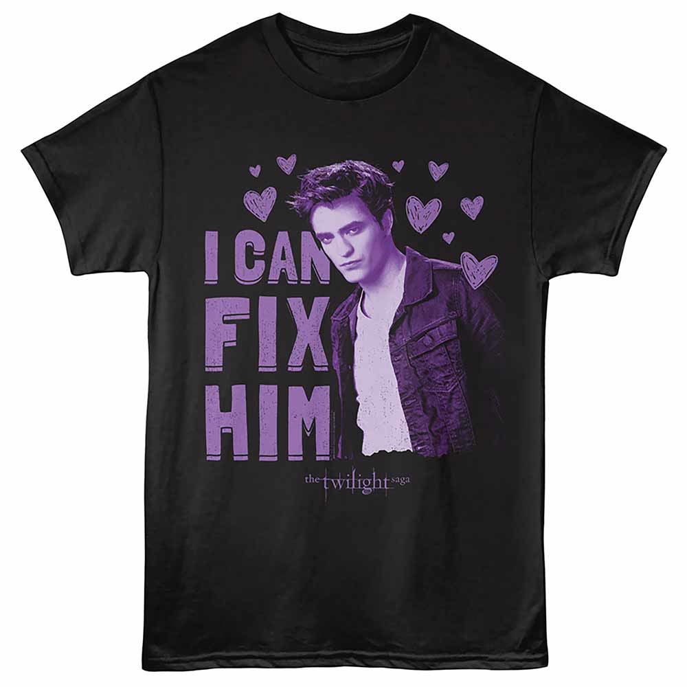 Twilight - Fix Him Hearts - Front Print Adult Short Sleeve Solid T-Shirt - Black