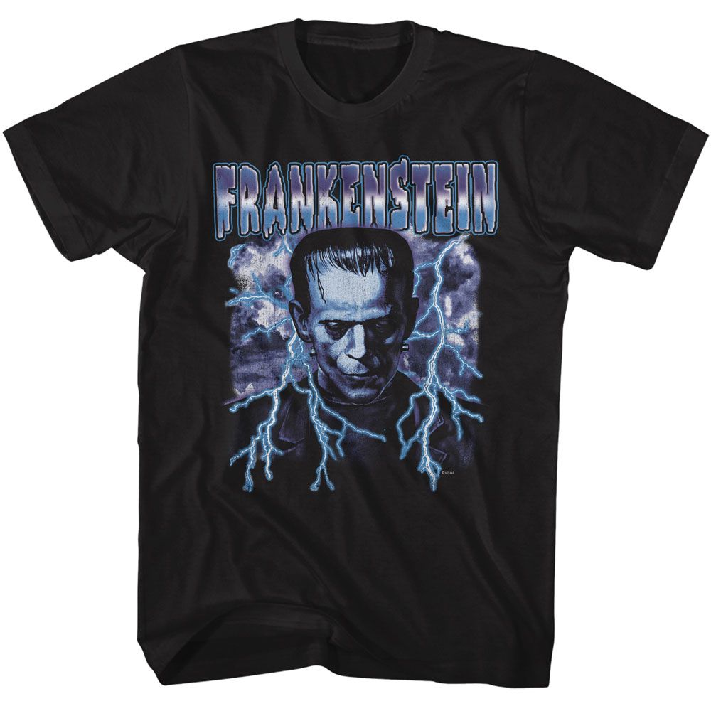 Universal Monsters - Frankenstein Lightning - American Classics - Solid Black Adult Short Sleeve T-Shirt