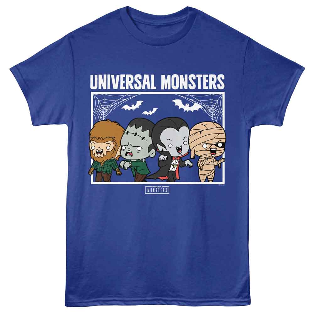 Universal Monsters - Chibi Monsters - Front Print Adult Short Sleeve Solid T-Shirt - Royal