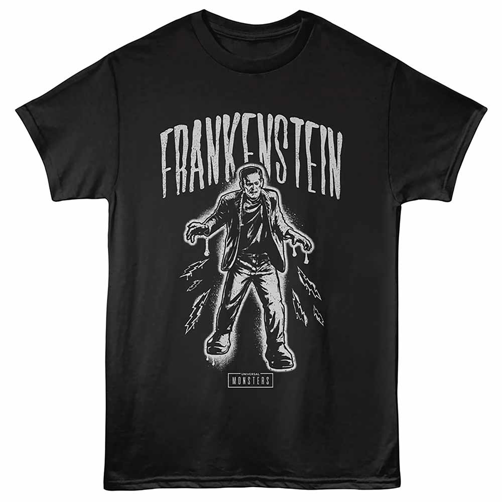 Universal Monsters - Frankentein Spray Paint - Front Print Adult Short Sleeve Solid T-Shirt - Black