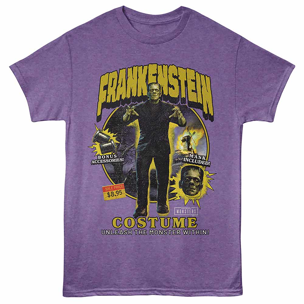 Universal Monsters - Frankenstein Costume - Front Print Adult Short Sleeve Heather T-Shirt - Purple Heather