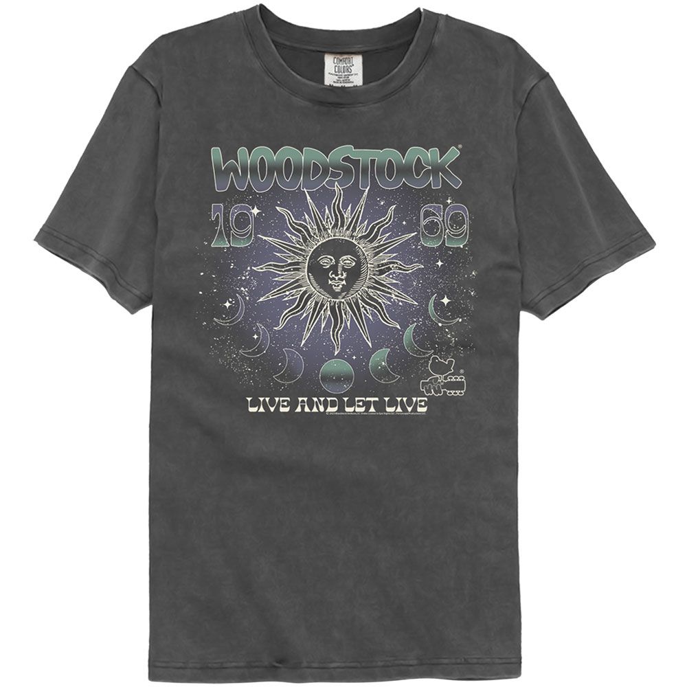 Woodstock Sun And Moon Phases Officially Licensed Adult Short Sleeve Washed Black T-Shirt