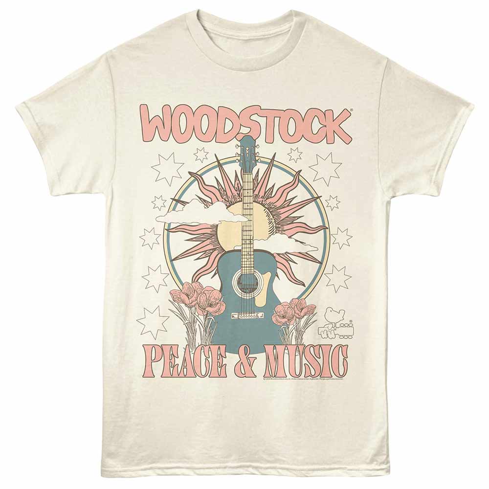 Woodstock - Sun Flowers Guitar - Adult Unisex Short Sleeve T-Shirt - Natural