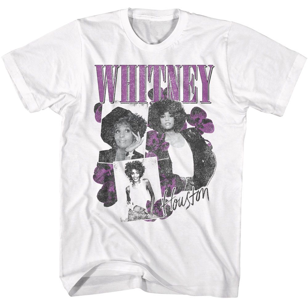 Whitney Houston - Orchid Collage - American Classics - Solid White Adult Short Sleeve T-Shirt