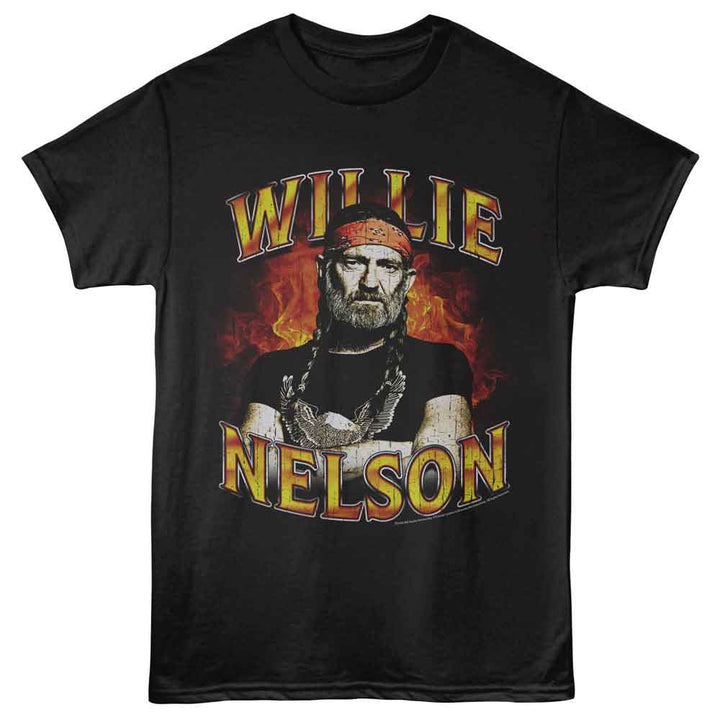 Willie Nelson - And Flames - Licensed Adult Unisex Short Sleeve T-Shirt - Black