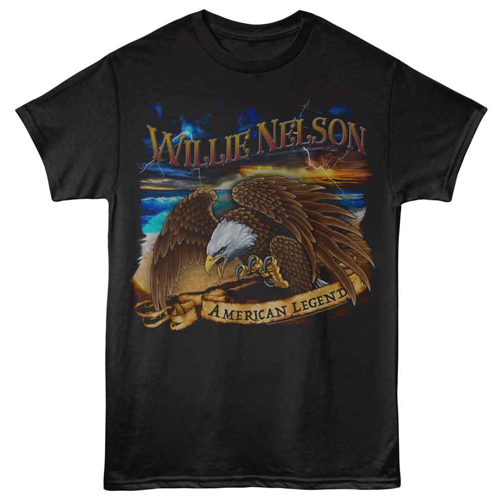 Willie Nelson - Lightning Eagle - Officially Licensed - Black Solid Front Print Adult Short Sleeve T-Shirt