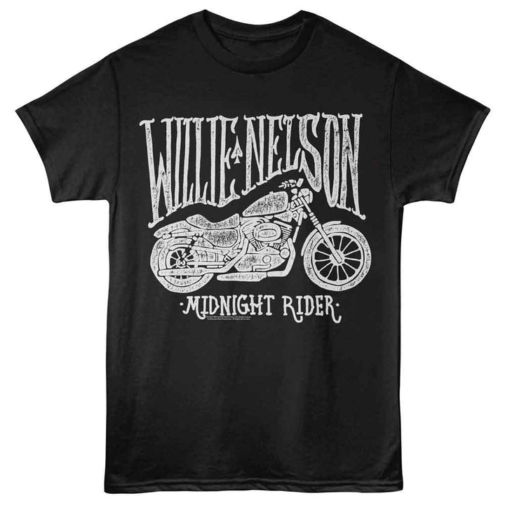 Willie Nelson - Motorcycle Midnight Rider - Officially Licensed - Black Solid Front Print Adult Short Sleeve T-Shirt