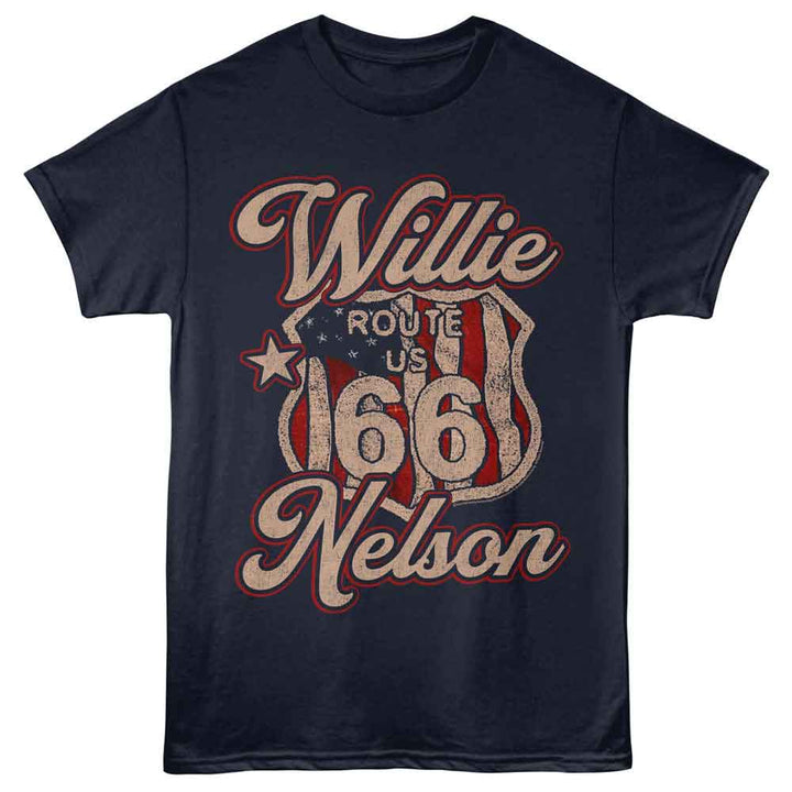 Willie Nelson - Route 66 - Officially Licensed - Blue Solid Front Print Adult Short Sleeve T-Shirt