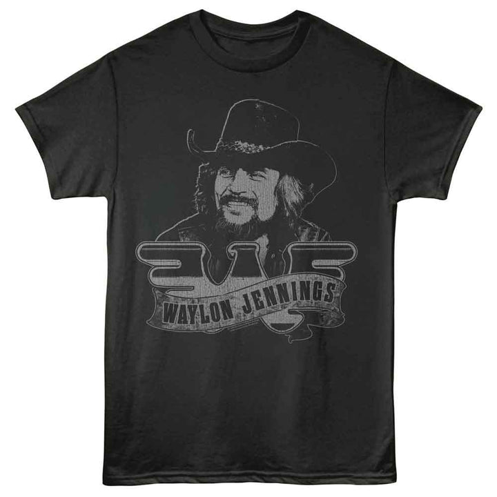 Waylon Jennings - Portrait And Logo - Officially Licensed - Gray Solid Front Print Adult Short Sleeve T-Shirt