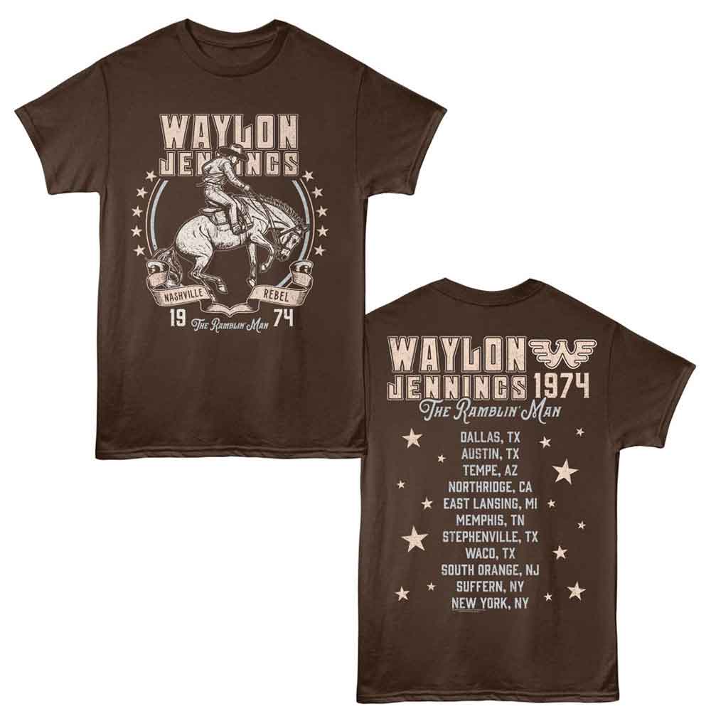 Waylon Jennings - Nashville Rebel Cowboy - Officially Licensed - Brown Solid 2-Sided Print Adult Short Sleeve T-Shirt