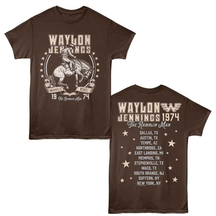 Waylon Jennings - Nashville Rebel Cowboy - Officially Licensed - Brown Solid 2-Sided Print Adult Short Sleeve T-Shirt