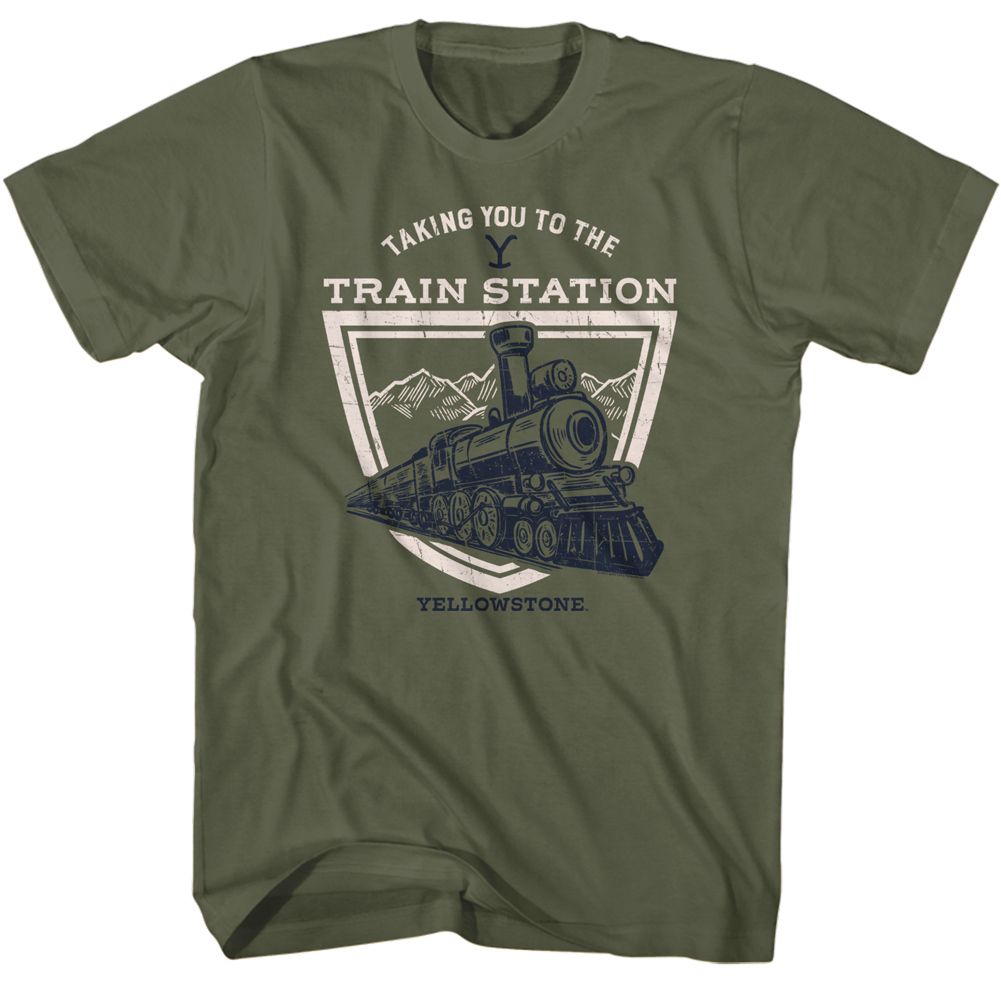 Yellowstone - Train Station Badge - American Classics - Solid Green Adult Short Sleeve T-Shirt