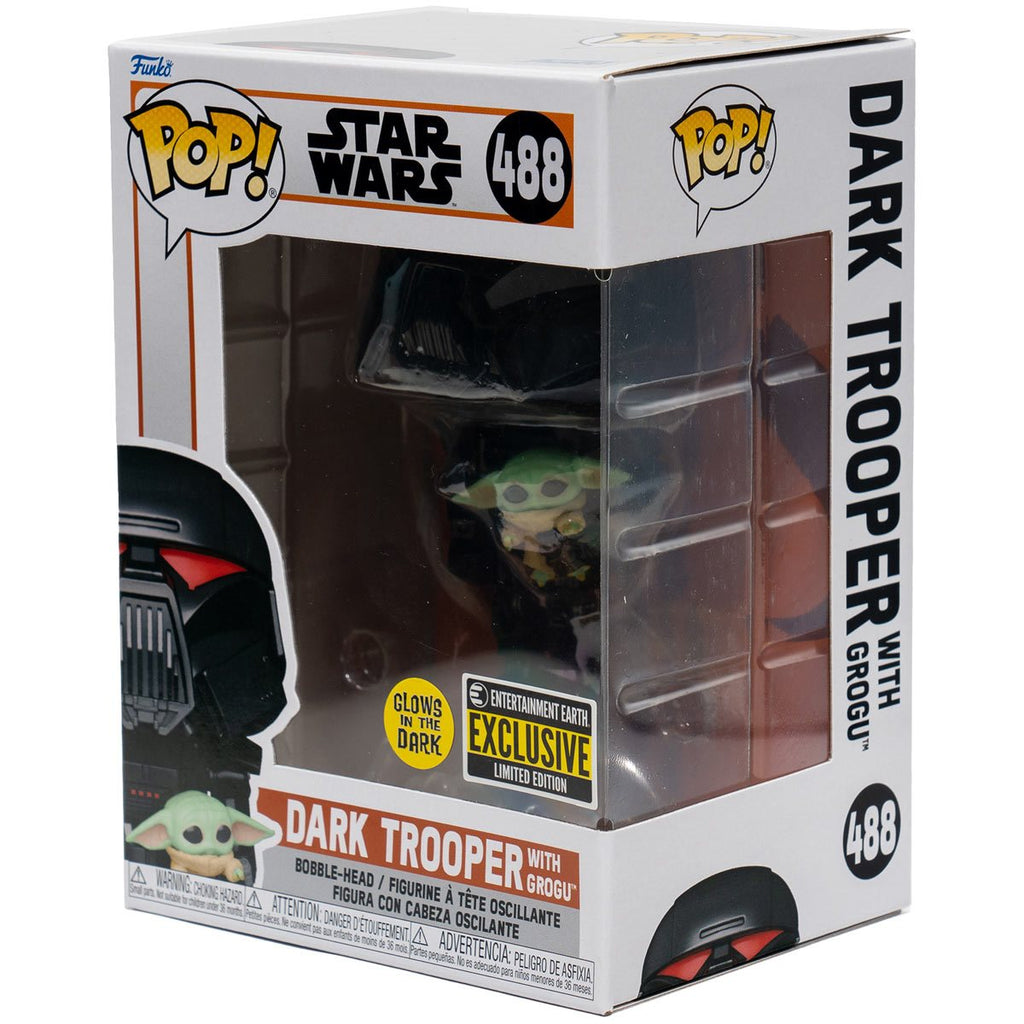 Funko Pop! Star Wars: The Mandalorian Dark Trooper with Grogu Glow-in-the-Dark Entertainment Earth Exclusive Vinyl Figure