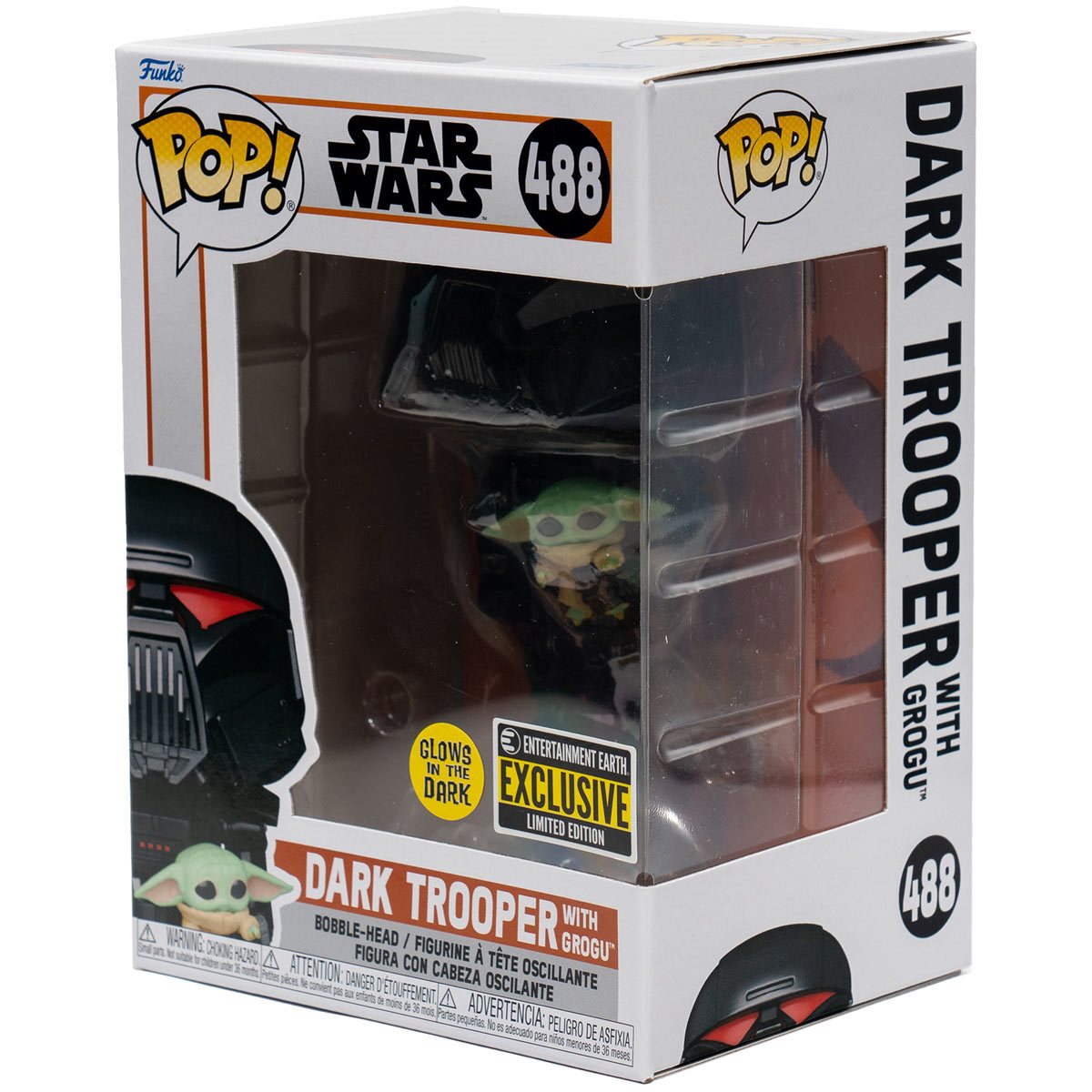 Funko Pop! Star Wars: The Mandalorian Dark Trooper with Grogu Glow-in-the-Dark Entertainment Earth Exclusive Vinyl Figure