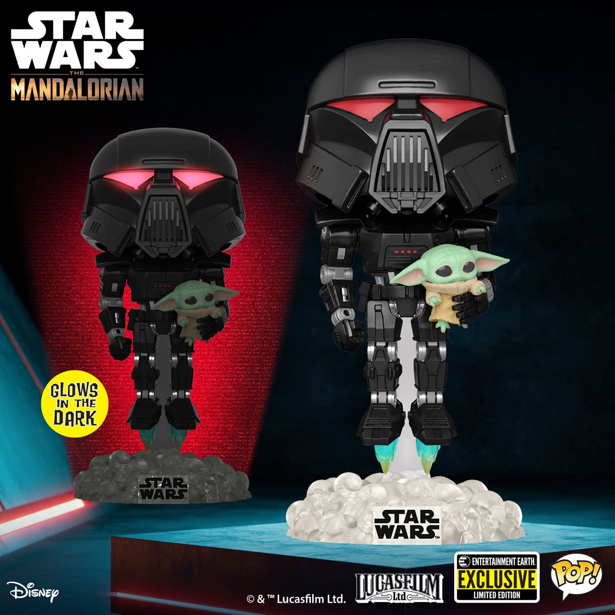 Funko Pop! Star Wars: The Mandalorian Dark Trooper with Grogu Glow-in-the-Dark Entertainment Earth Exclusive Vinyl Figure