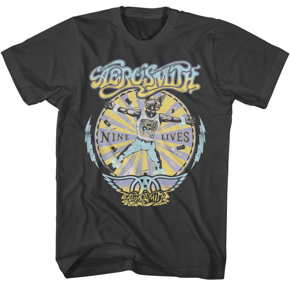 Aerosmith - Nine Lives Recolor - Gray Front Print Short Sleeve Adult T-Shirt