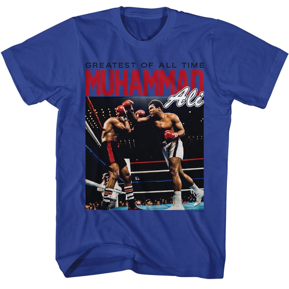 Muhammad Ali - Fight Ring Light - Blue Front Print Short Sleeve Adult T-Shirt