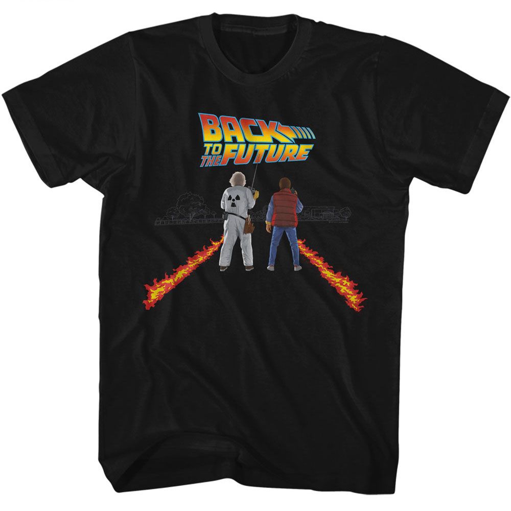 Back To The Future - Fire Streaks - Black Front Print Short Sleeve Adult T-Shirt