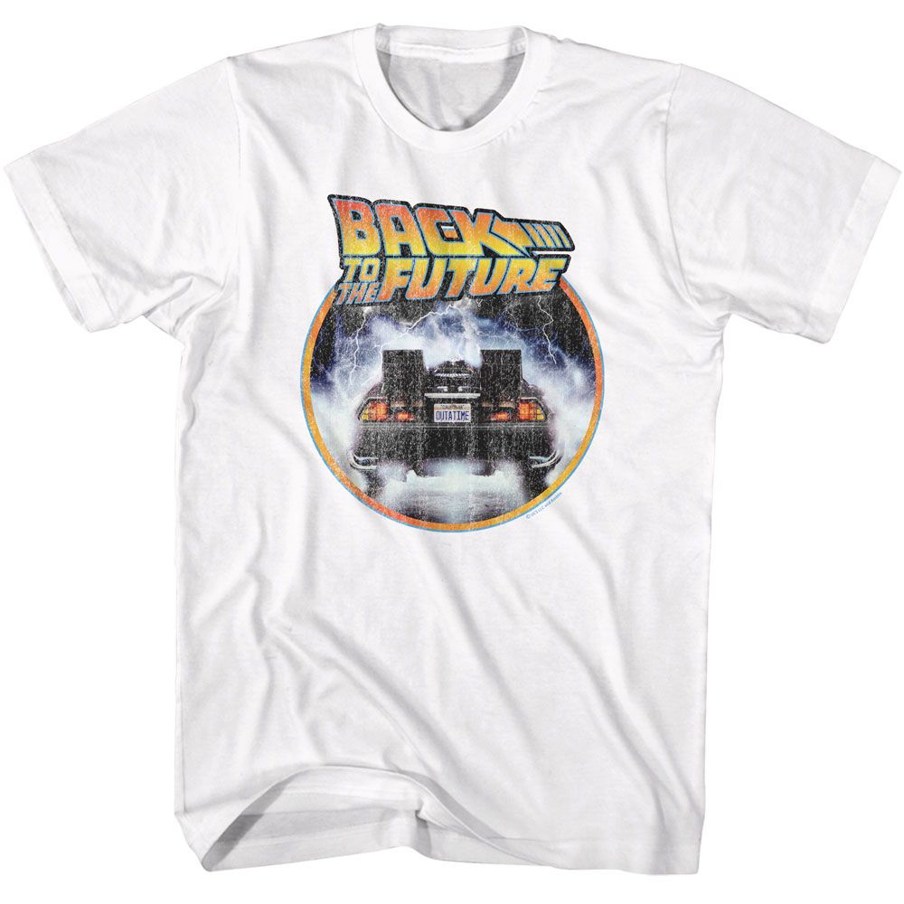 Back To The Future Logo And Car Circle White Solid Adult Short Sleeve T-Shirt