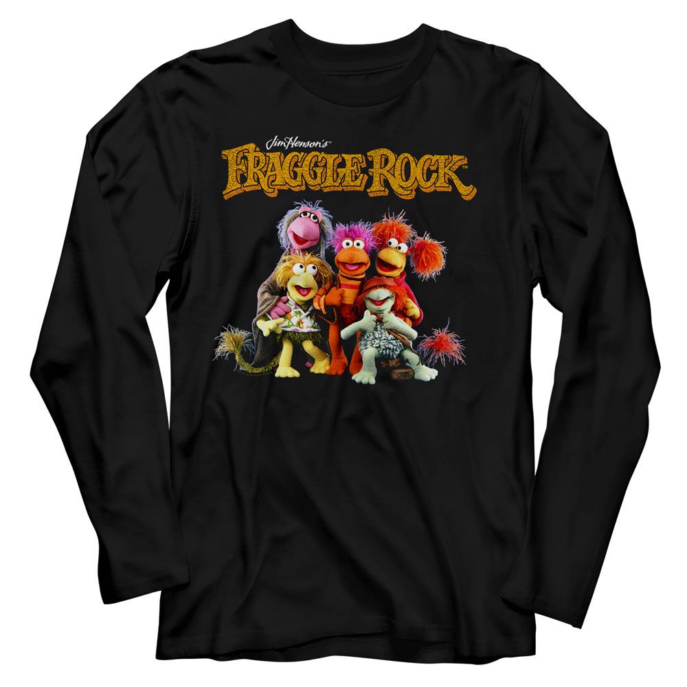 Fraggle Rock - Group Shot - Black Front Print Long Sleeve Solid Adult T-Shirt