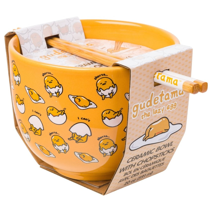 Sanrio Gudetama I Can't Lazy Yellow Egg Ceramic Ramen Noodle Rice Bowl with Chopsticks Microwave Safe 20 Ounces